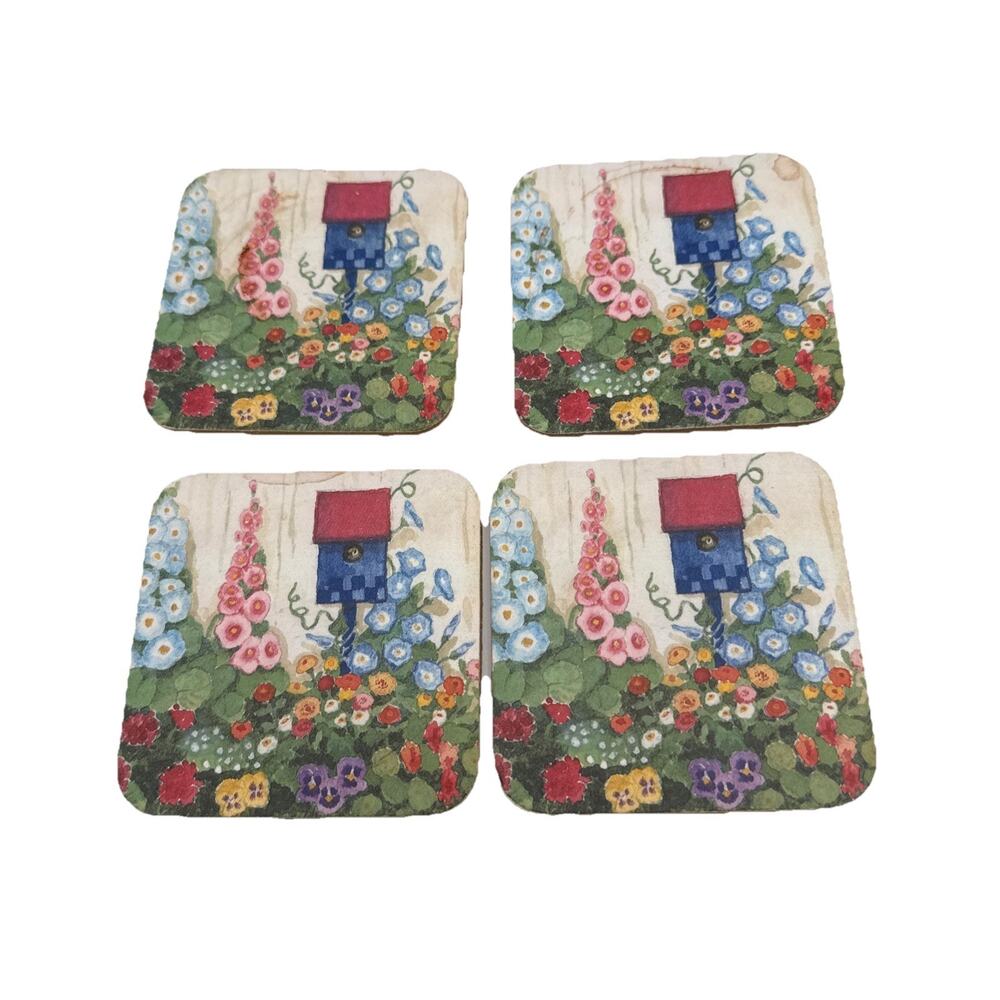 4- Cork Coasters Flowers Birdhouse 4" Square Cottagecore Vintage Lightweight